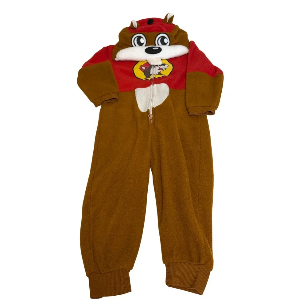 Buc-ee's Beaver Toddler 3T Fleece Hooded One Piece Pajamas Suit Brown Red